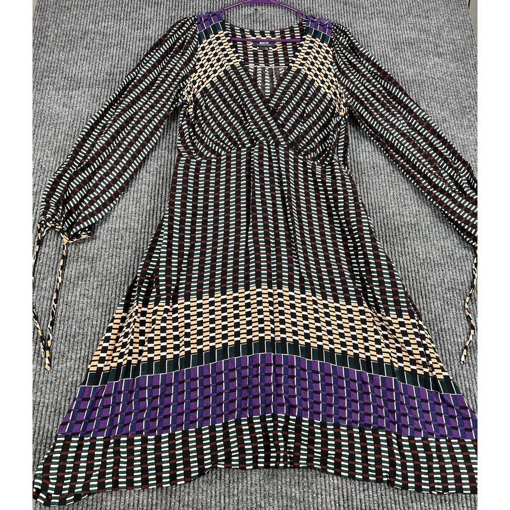 Maeve Dress Womens 10 Multicolor Geometric Wrap V Neck Long Sleeve Fit Flare